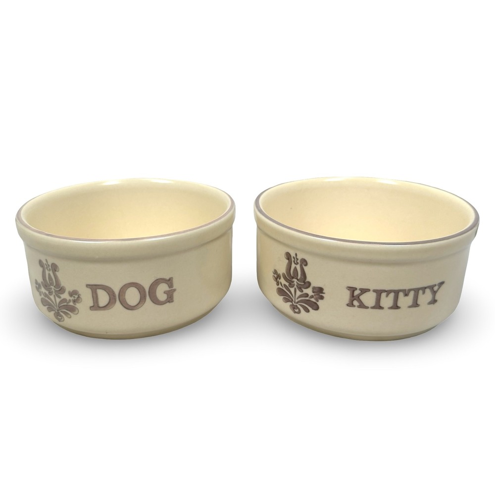 Vintage Pfaltzgraff Village Pet Bowl Set Dog Kitty Cat Stoneware 806 USA Yellow